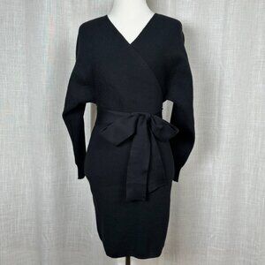 Black Faux Wrap Sweater Bodycon Mini Dress Womens Size S Ribbed Batwing Glam